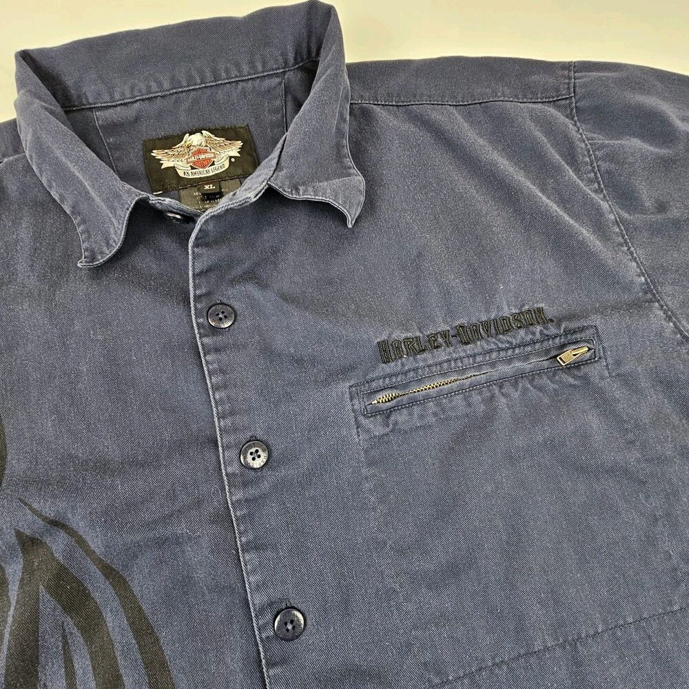 Y2K Harley Davidson Mens XL Button Up Shirt Tribal Graphic Biker Motorcycle Blue